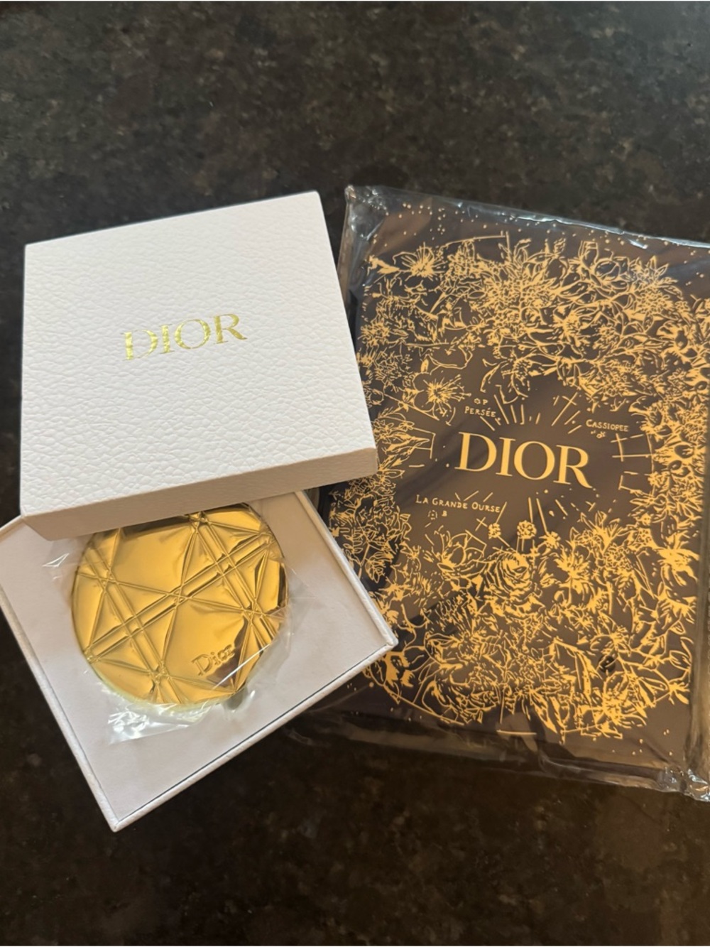 Dior Gold Compact Mirror with White Box and Dior La Grande Curse Notebook